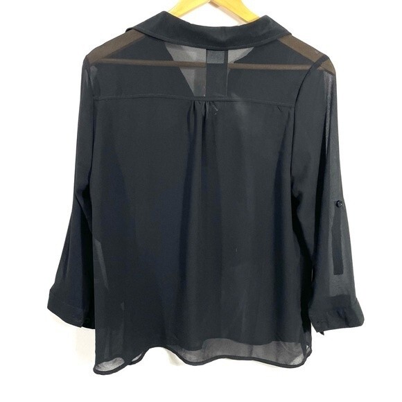 New Sheer Black Split Neck Breast Pocket Blouse - Picture 6 of 10